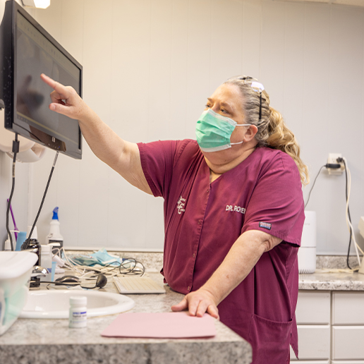 Dentist pointing to computer screen