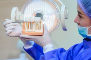 Dentist using model to explain dental implants