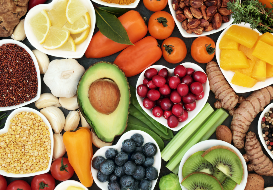 Spread of colorful, healthy, whole foods